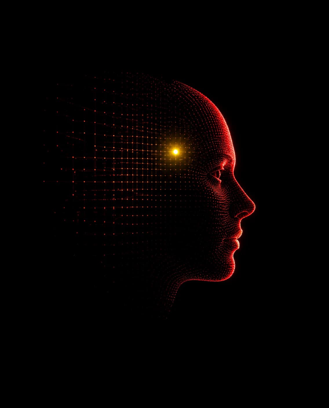 A human profile rendered in red light, merging with a machine grid
