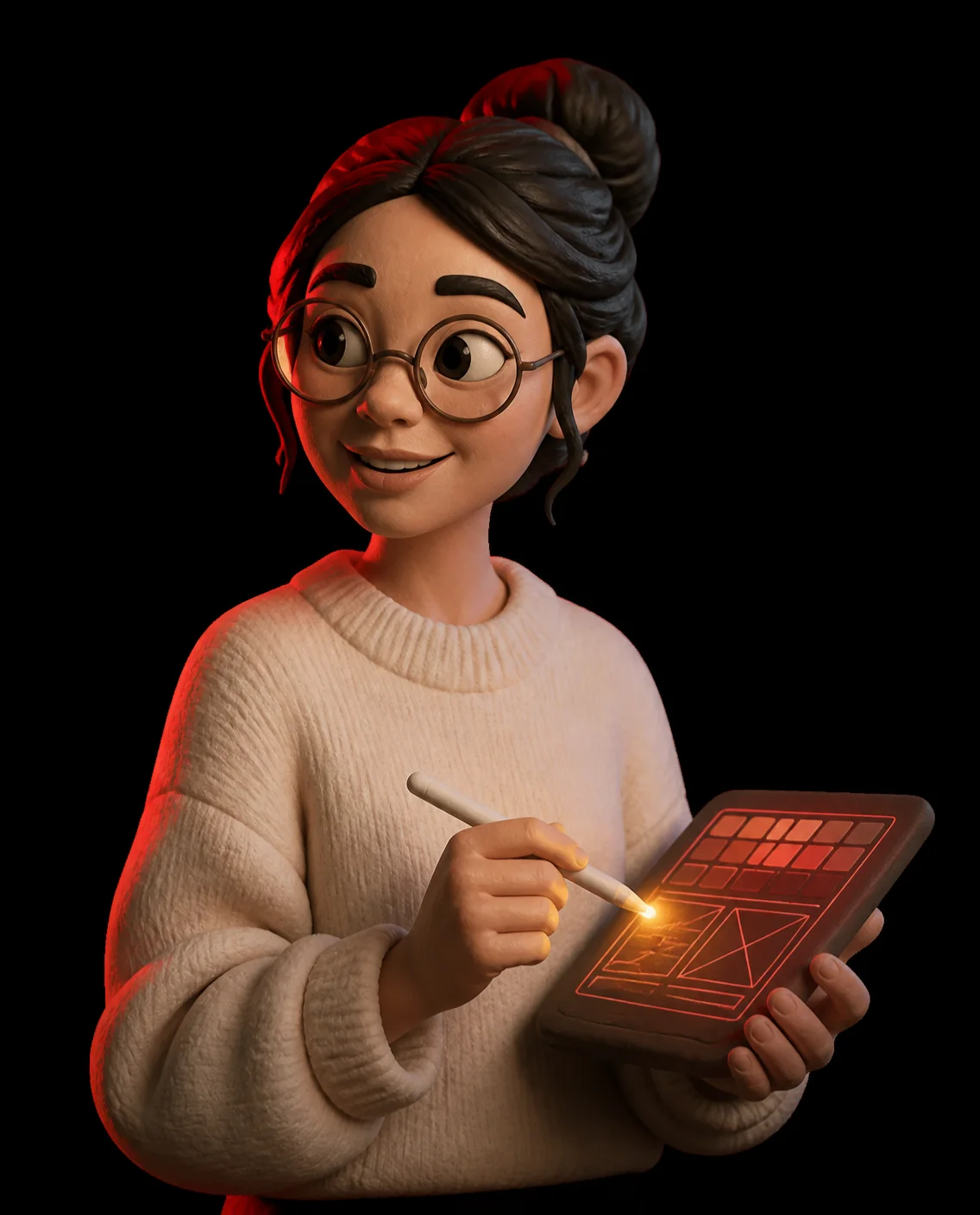 Clay illustration of Shrawani sketching a layout on a tablet with a glowing stylus