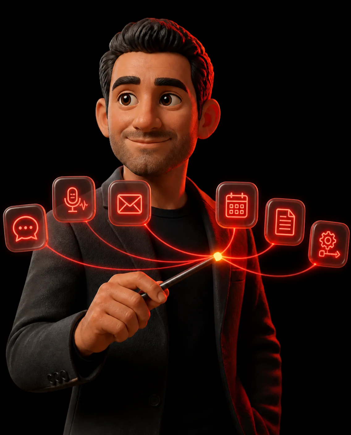 Clay illustration of Pratik V N conducting glowing AI agent tiles for chat, voice, email, calendar, documents and workflows with a baton